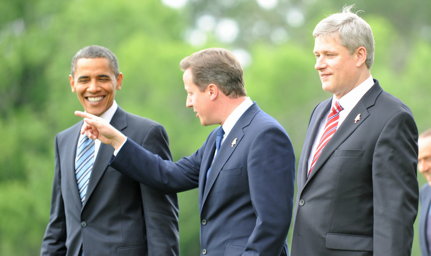 David Cameron in conversation with US President Barack Obama and Canadian PM Stephen Harper, 25 June 2010. Crown copyright (CC 2.0).