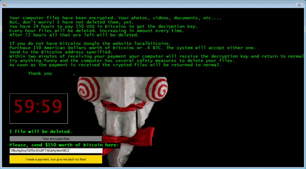 JIGSAW Crypto-Ransomware notification window – good luck